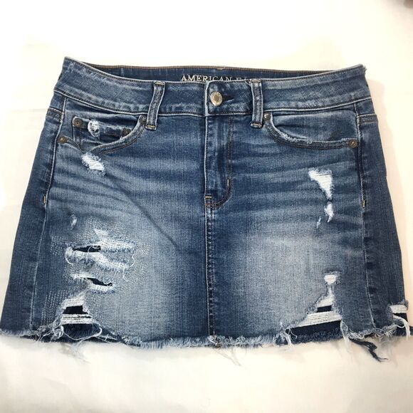 American Eagle Distressed Super Stretch Raw Hem Denim Jean Mini Skirt Patched - Picture 1 of 11